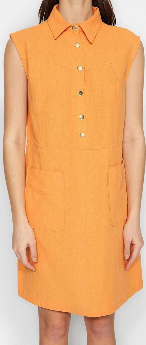 Moda Rahat Casual Günlük Keten Görünümlü Dokuma Gömlek Yaka Kolsuz Kol Shift Mini Boy Elbise