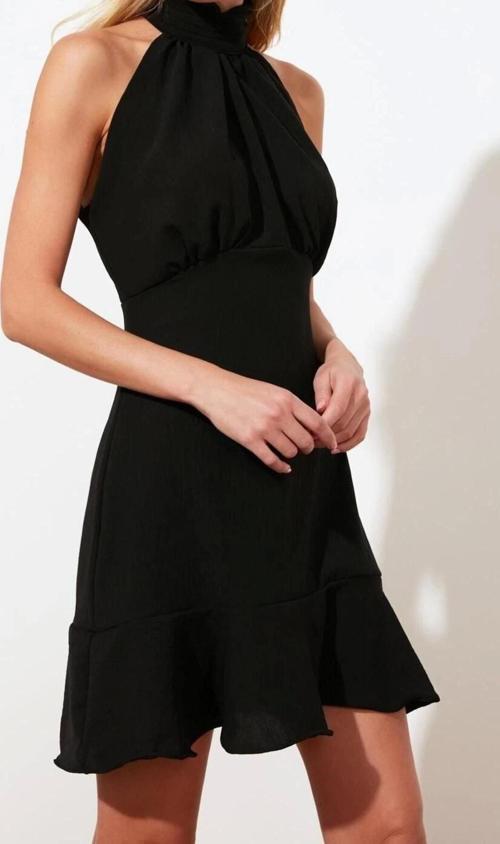 Moda Regular Gündüz Gece Aerobin Dokuma Halter Yaka Kolsuz Kol A-Line Mini Boy Elbise