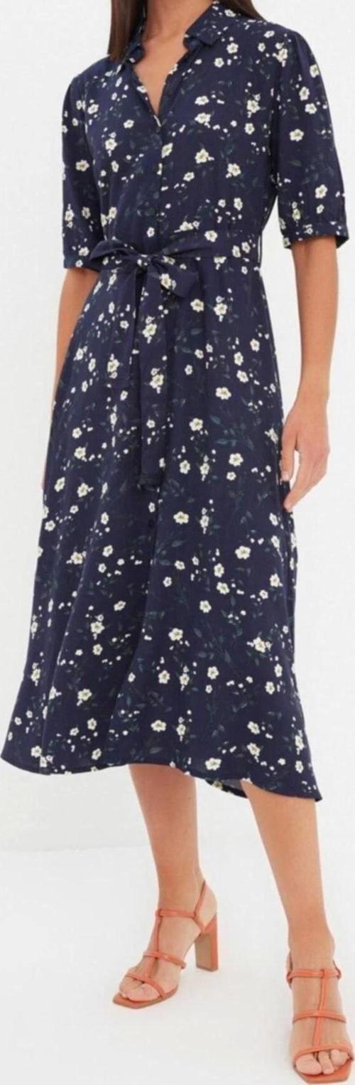 Moda Regular Casual Günlük Shally Dokuma Gömlek Yaka Kısa Kol Gömlek Elbise Midi Boy Elbise