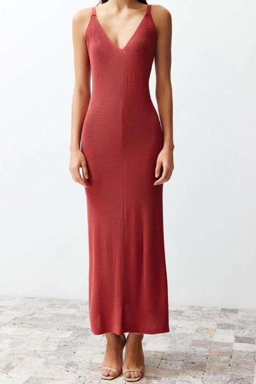 Moda Regular Casual Günlük Tek Plaka Triko V Yaka Askılı Kol Basic Maxi Boy Elbise