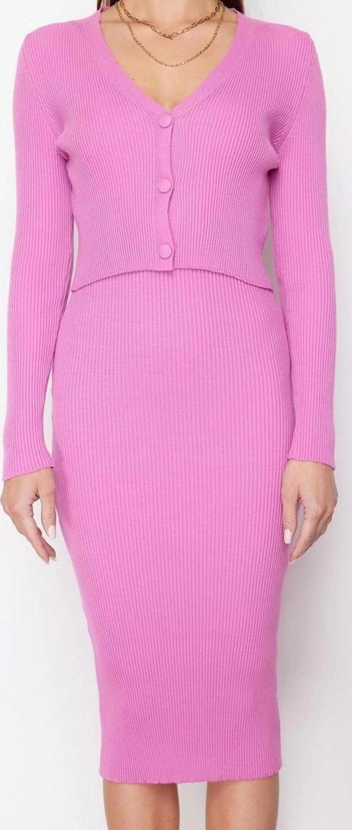 Moda Slim Casual Günlük Fitilli Triko V Yaka Uzun Kol Bodycone Midi Boy Elbise