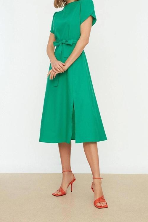 Moda Regular Business Poplin Dokuma Dik Yaka Kısa Kol A-Line Midi Boy Elbise