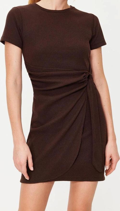 Moda Regular Casual Günlük Kaşkorse Örme Bisiklet Yaka Kısa Kol Anvelop Mini Boy Elbise