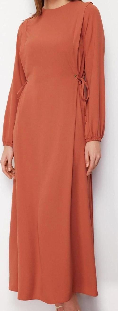 Moda Regular Casual Günlük Aerobin Dokuma Bisiklet Yaka Uzun Kol Shift Maxi Boy Tesettür Elbise