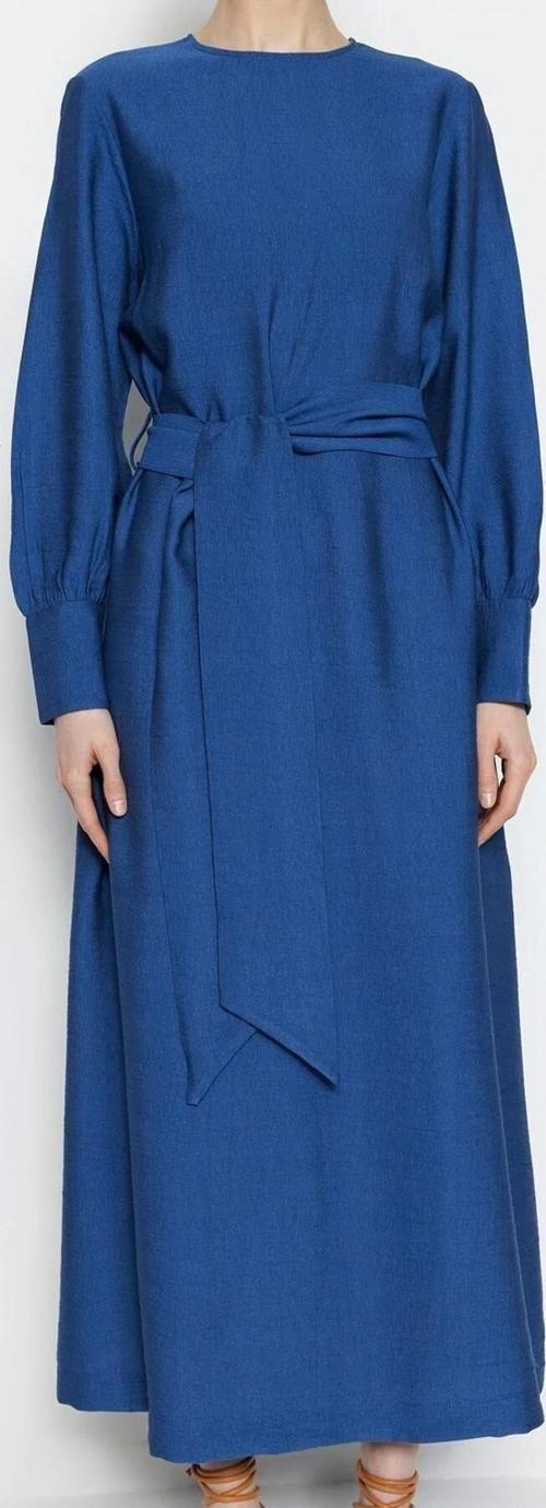 Moda Regular Günlük Keten Aerobin Dokuma Bisiklet Yaka Uzun Kol Shift Maxi Boy Tesettür Elbise