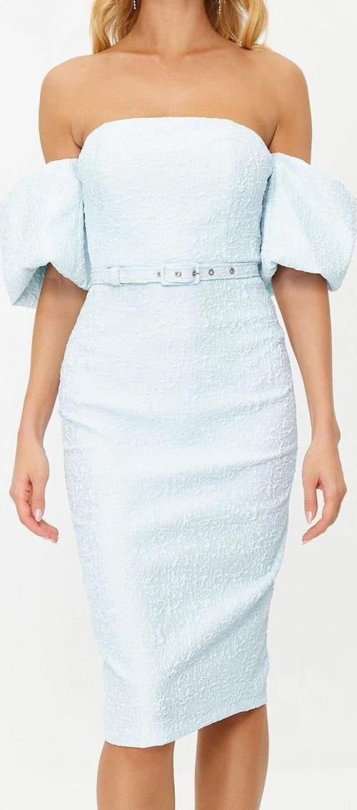 Moda Fit Mezuniyet Balo Jakar Dokuma Carmen Yaka Kısa Kol Bodycone Midi Boy Elbise