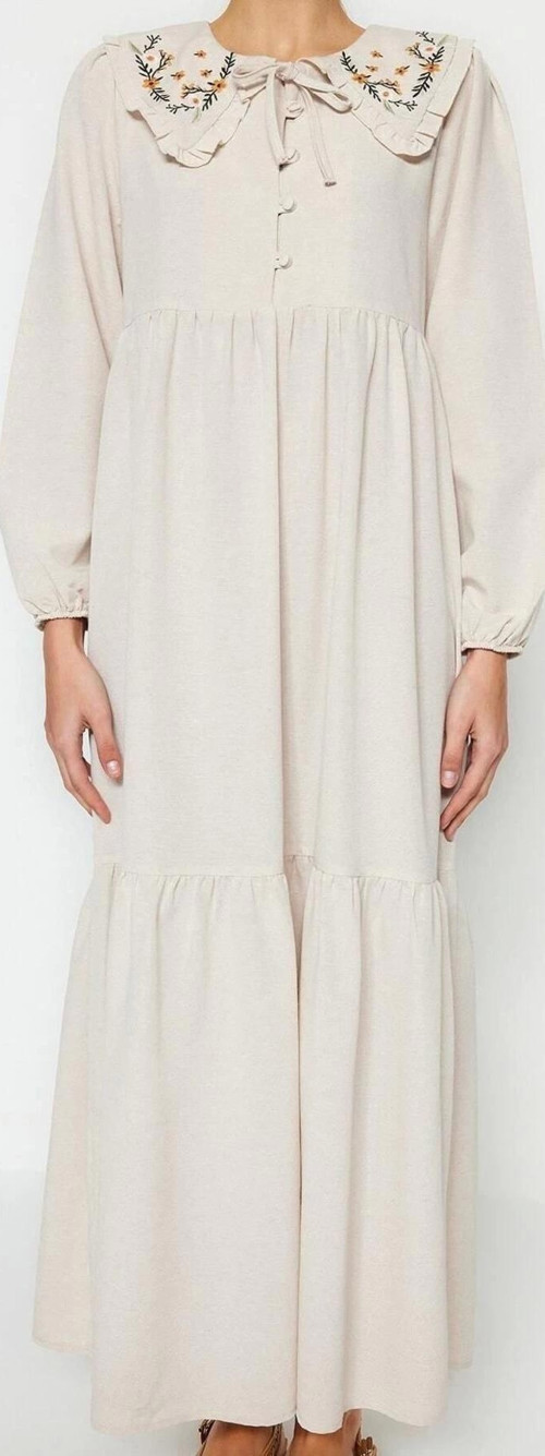 Moda Regular Casual Günlük Keten Görünümlü Dokuma Bebe Yaka Uzun Kol Basic Maxi Boy Tesettür Elbise