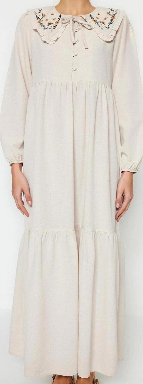 Moda Regular Casual Günlük Keten Görünümlü Dokuma Bebe Yaka Uzun Kol Basic Maxi Boy Tesettür Elbise