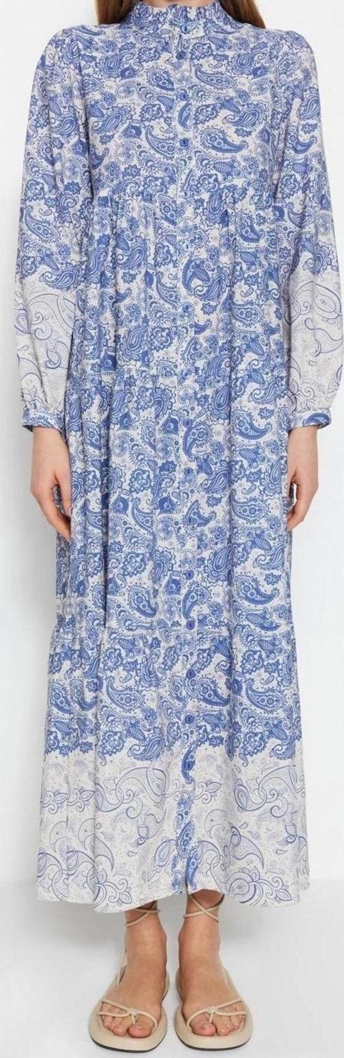 Moda Regular Keten Görünümlü Dokuma Hakim Yaka Uzun Kol Gömlek Elbise Maxi Boy Tesettür Elbise