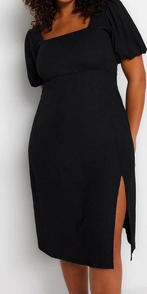 Moda Slim Casual Günlük Bürümcük Örme Kare Yaka Kısa Kol A-Line Midi Boy Büyük Beden Elbise