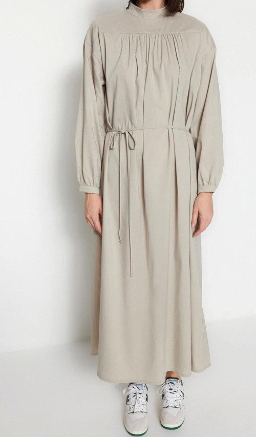 Moda Oversize Casual Günlük Poplin Dokuma Dik Yaka Uzun Kol A-Line Uzun Boy Tesettür Elbise