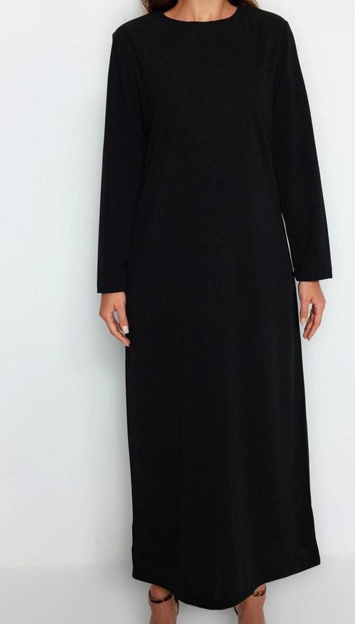 Moda Rahat Casual Günlük Krep Örme Bisiklet Yaka Uzun Kol Straight Uzun Boy Tesettür Elbise