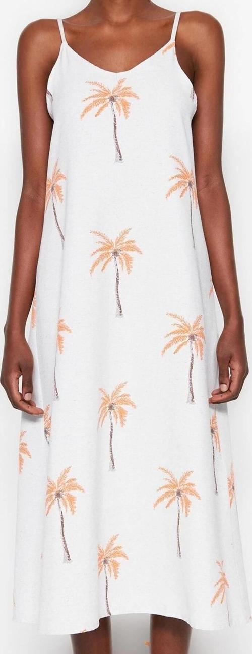 Moda Regular Casual Günlük Keten Görünümlü Dokuma Kare Yaka Askılı Kol Shift Maxi Boy Elbise