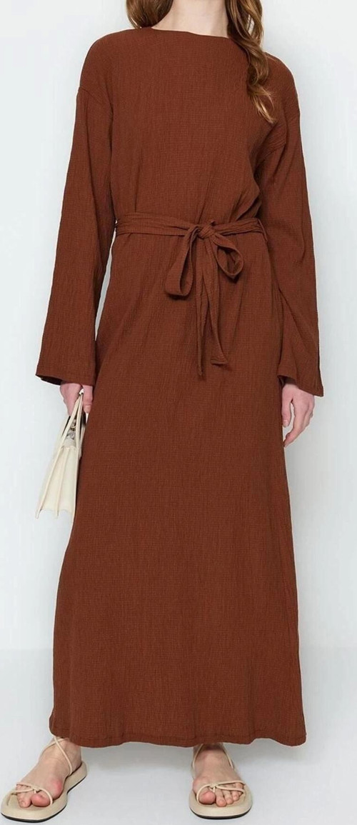 Moda Regular Casual Günlük Crinkle Dokuma Bisiklet Yaka Uzun Kol A-Line Maxi Boy Tesettür Elbise
