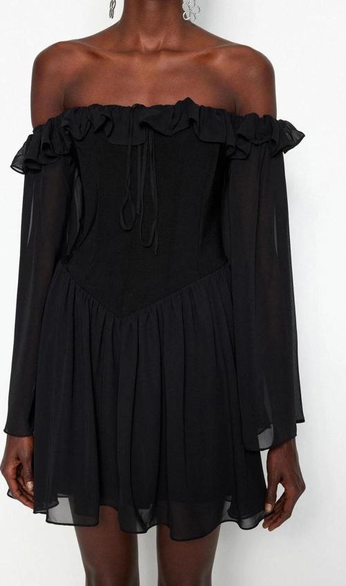 Moda Regular Mezuniyet Balo Şifon Dokuma Carmen Yaka Uzun Kol Skater Mini Boy Elbise