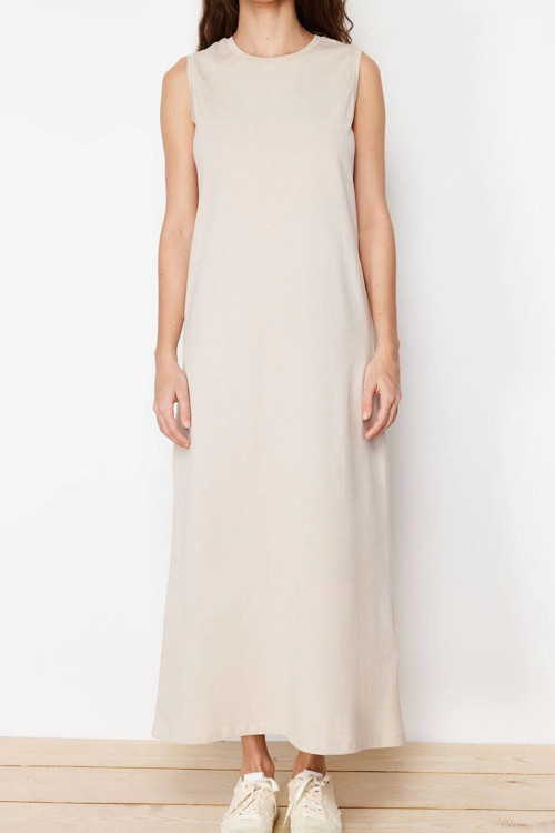Moda Regular Casual Günlük Kaşkorse Örme Bisiklet Yaka Kolsuz Kol Basic Maxi Boy Tesettür Elbise