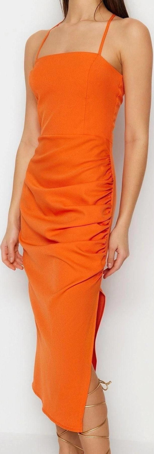 Moda Fit Mezuniyet Balo Finike Dokuma Kare Yaka Askılı Kol Bodycone Midi Boy Elbise