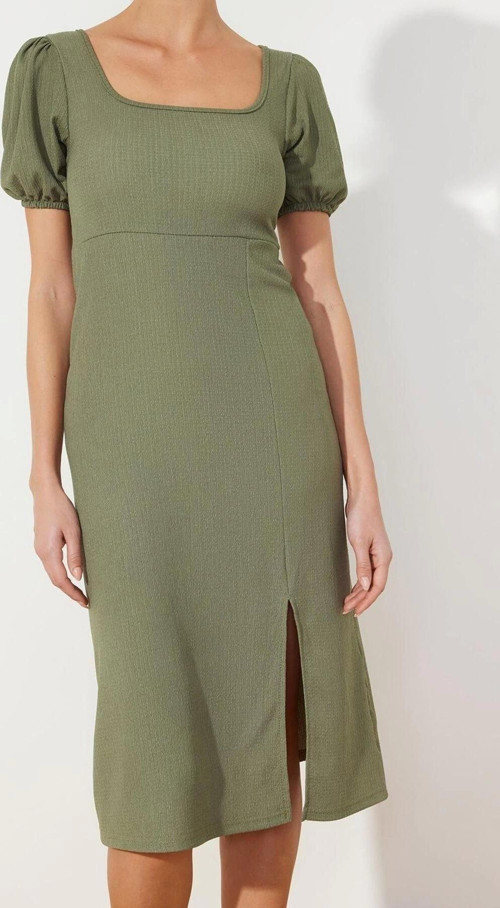 Moda Regular Casual Günlük Bürümcük Örme Kare Yaka Kısa Kol A-Line Midi Boy Elbise