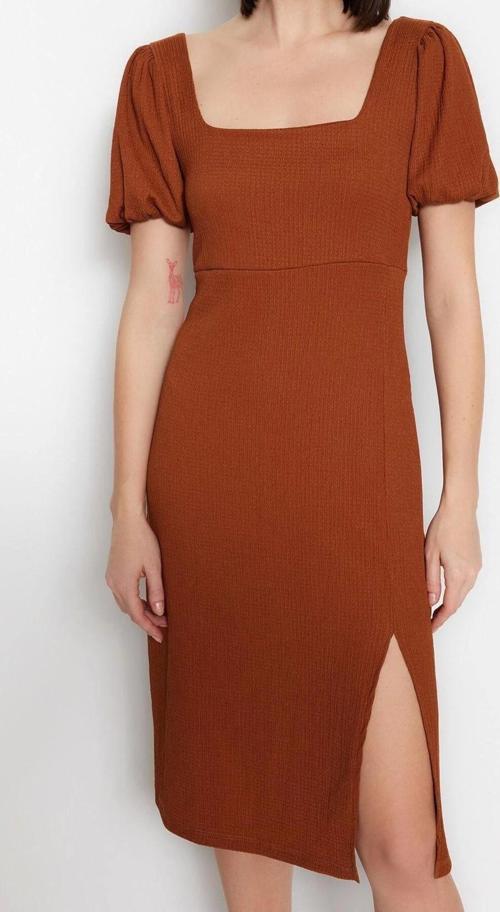 Moda Regular Casual Günlük Bürümcük Örme Kare Yaka Kısa Kol A-Line Midi Boy Elbise