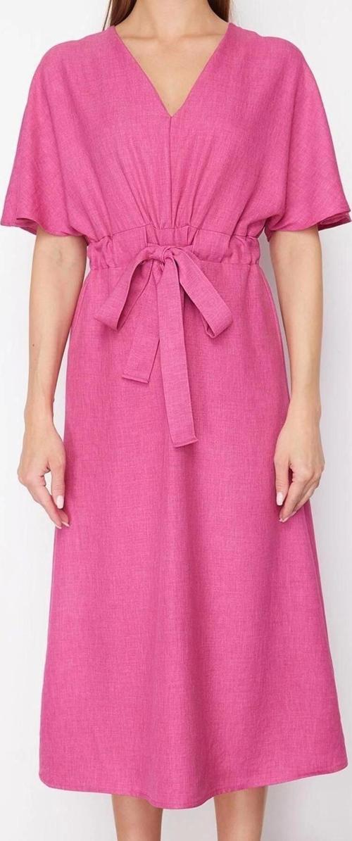 Moda Regular Casual Günlük Aerobin Dokuma V Yaka Kısa Kol A-Line Midi Boy Elbise