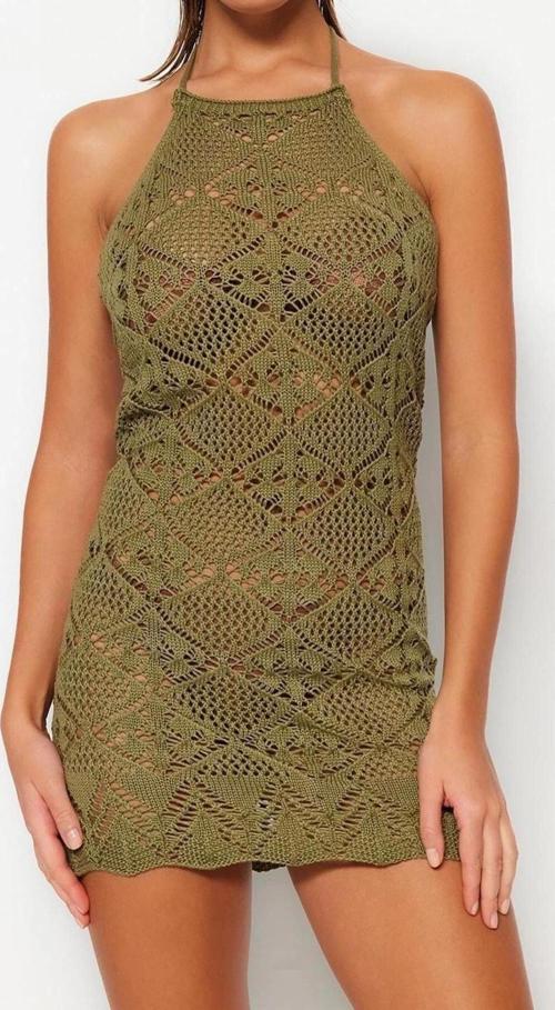 Moda Fit Plaj Günlük Triko Görünümlü Triko Halter Yaka Kolsuz Kol Bodycone Mini Boy Elbise