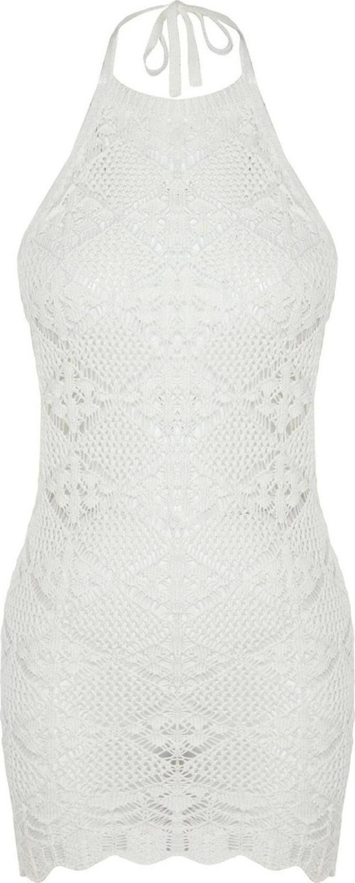 Moda Fit Plaj Günlük Triko Görünümlü Triko Halter Yaka Kolsuz Kol Bodycone Mini Boy Elbise
