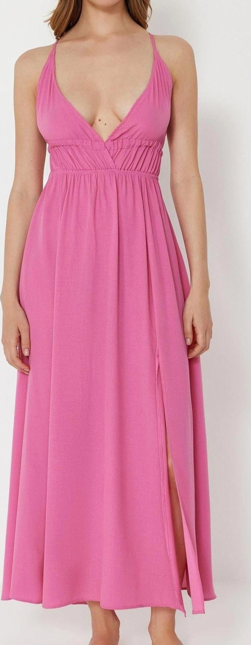 Moda Regular Plaj Günlük Crinkle Dokuma V Yaka Askılı Kol Basic Maxi Boy Elbise