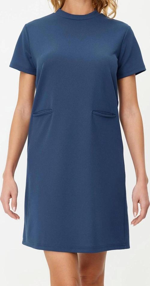 Moda Rahat Casual Günlük Scuba Krep Örme Dik Yaka Kısa Kol Shift Mini Boy Elbise