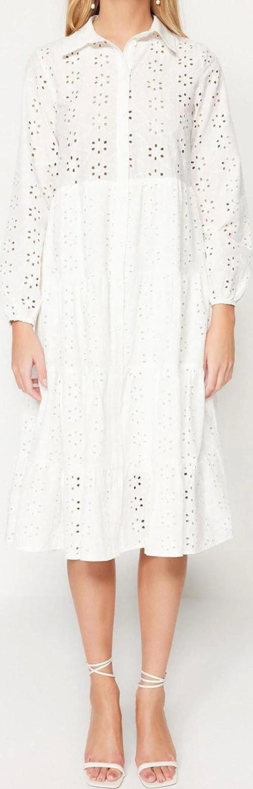 Moda Regular Casual Günlük Brode Dokuma Gömlek Yaka Uzun Kol Gömlek Elbise Midi Boy Elbise