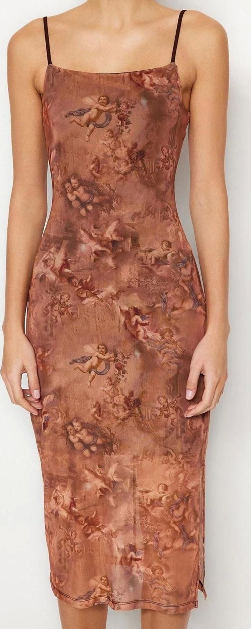Moda Slim Gündüz Gece Tül Örme Kare Yaka Askılı Kol Bodycone Midi Boy Elbise