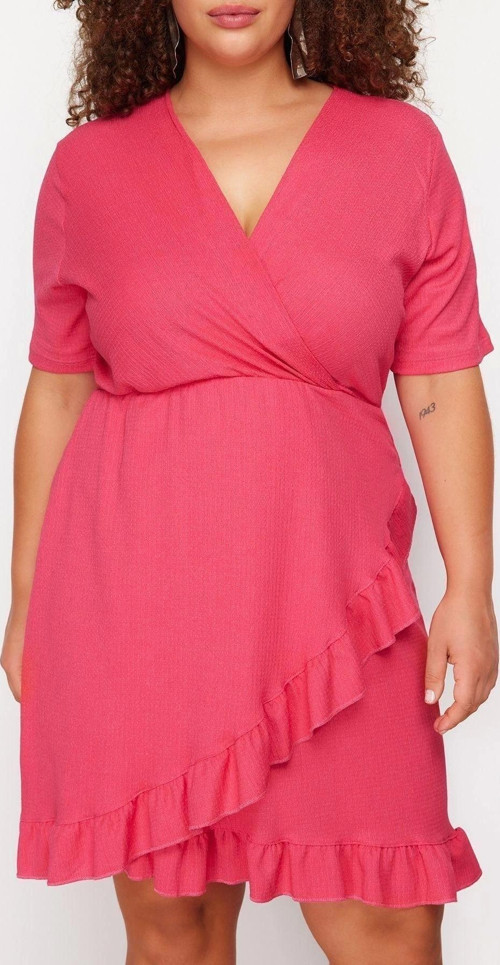Moda Slim Casual Günlük Bürümcük Örme Kruvaze Kısa Kol Anvelop Mini Boy Büyük Beden Elbise