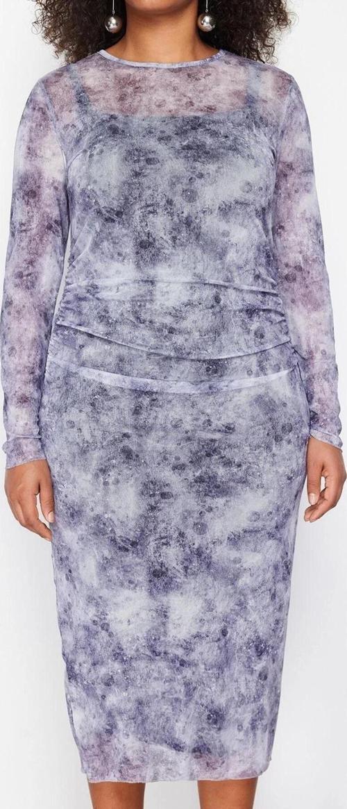 Moda Fit Casual Günlük Tül Örme Bisiklet Yaka Uzun Kol Bodycone Midi Boy Büyük Beden Elbise