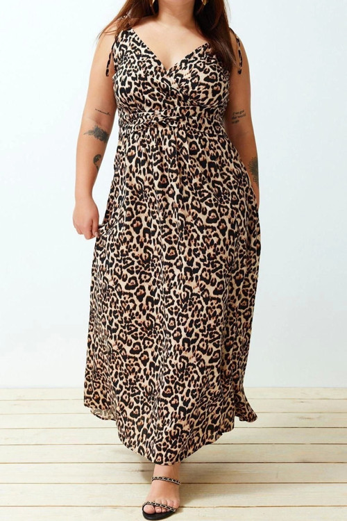 Moda Fit Casual Günlük Shally Dokuma Kruvaze Askılı Kol A-Line Maxi Boy Büyük Beden Elbise
