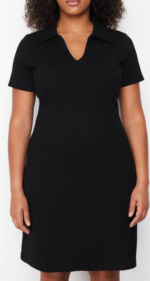 Moda Slim Casual Günlük Kaşkorse Örme Polo Yaka Kısa Kol A-Line Midi Boy Büyük Beden Elbise