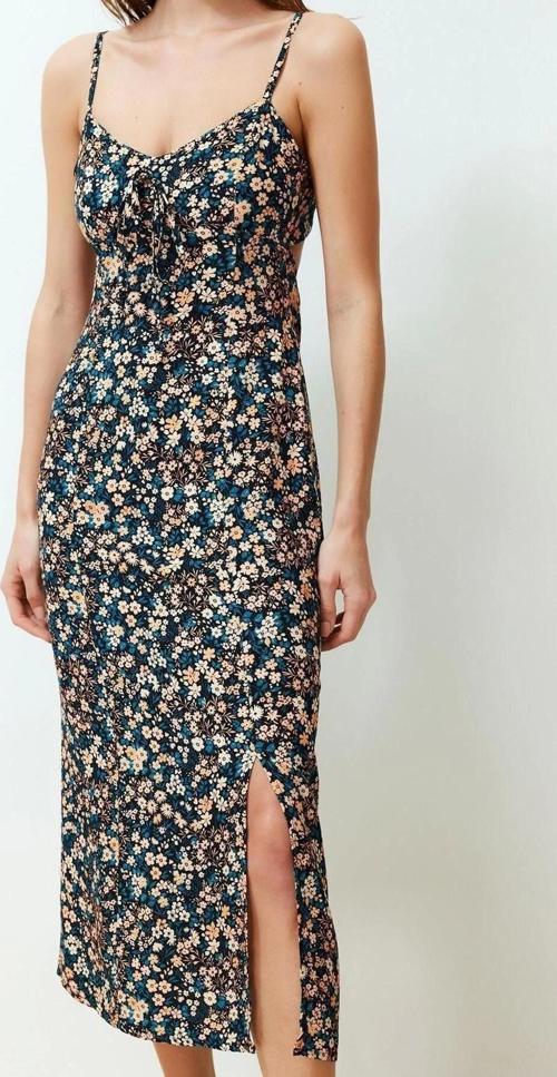 Moda Regular Casual Günlük Shally Dokuma V Yaka Askılı Kol A-Line Midi Boy Elbise
