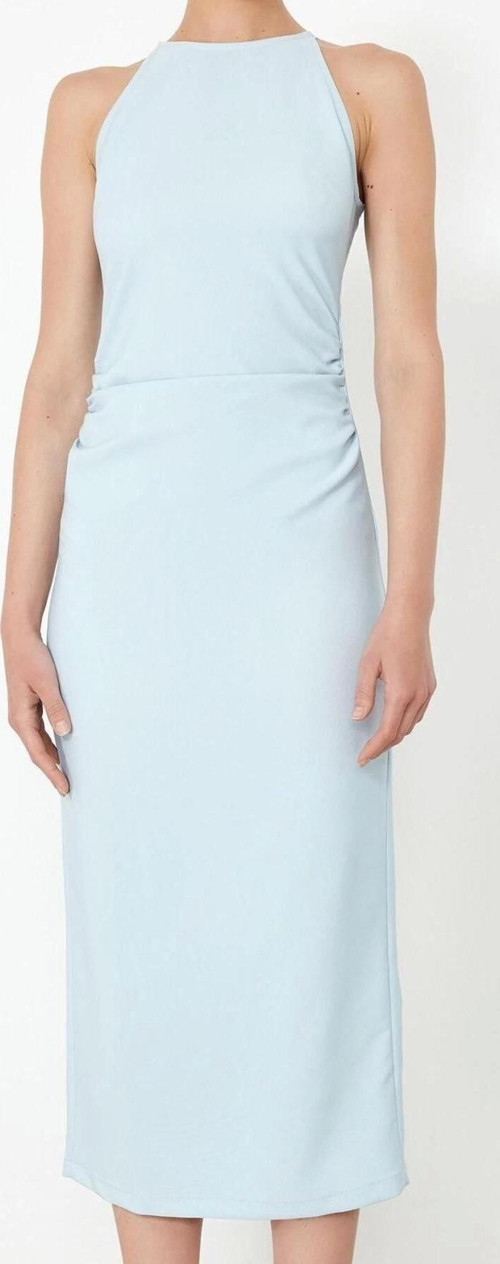 Moda Regular Gündüz Gece Finike Dokuma Halter Yaka Kolsuz Kol Bodycone Midi Boy Elbise