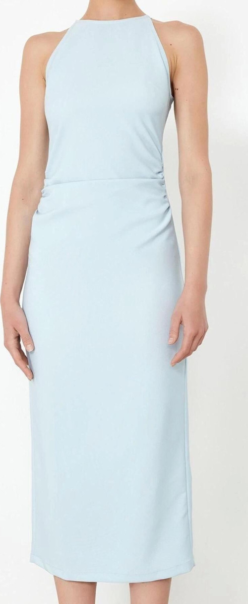 Moda Regular Gündüz Gece Finike Dokuma Halter Yaka Kolsuz Kol Bodycone Midi Boy Elbise