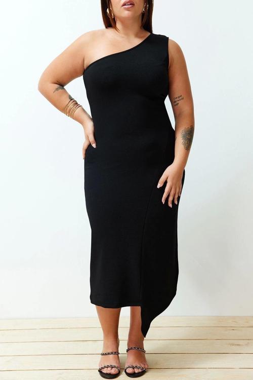Moda Rahat Casual Günlük Krep Örme Asimetrik Yaka Kolsuz Kol Asimetrik Midi Boy Büyük Beden Elbise