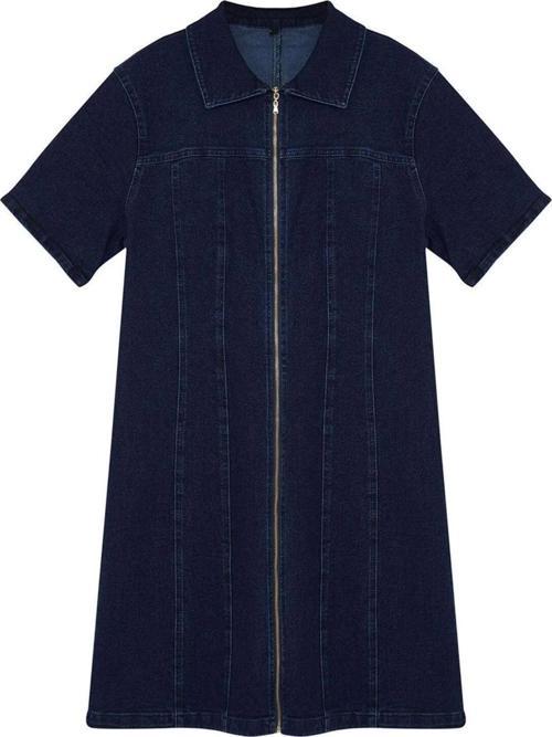 Moda Fit Casual Günlük Comfort Denim Gömlek Yaka Kısa Kol Bodycone Mini Boy Büyük Beden Elbise