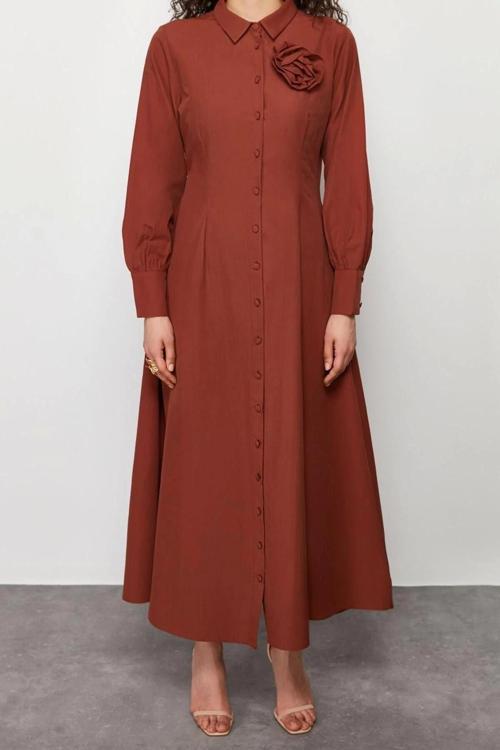 Moda Regular Casual Günlük Poplin Dokuma Gömlek Yaka Uzun Kol A-Line Maxi Boy Tesettür Elbise