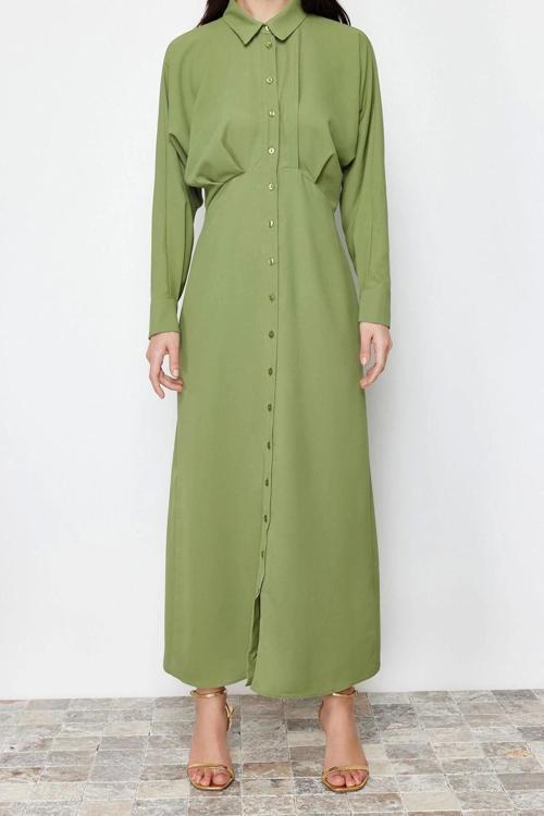 Moda Regular Günlük Jessica Dokuma Gömlek Yaka Uzun Kol Gömlek Elbise Maxi Boy Tesettür Elbise