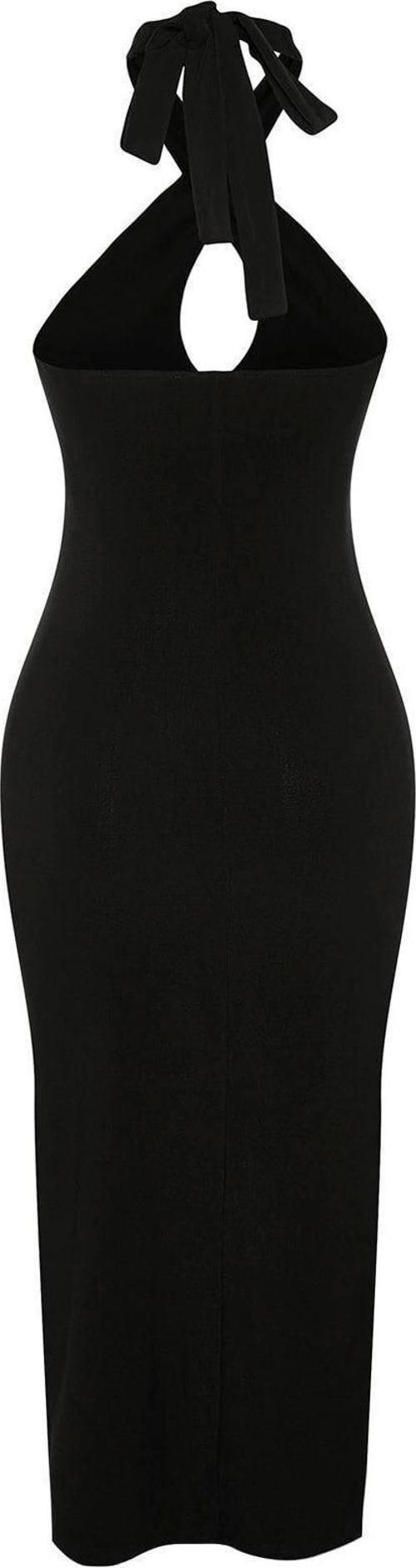 Moda Slim Şık Abiye Gece Sandy Örme Boyundan Bağlamalı Kolsuz Kol Bodycone Midi Boy Elbise