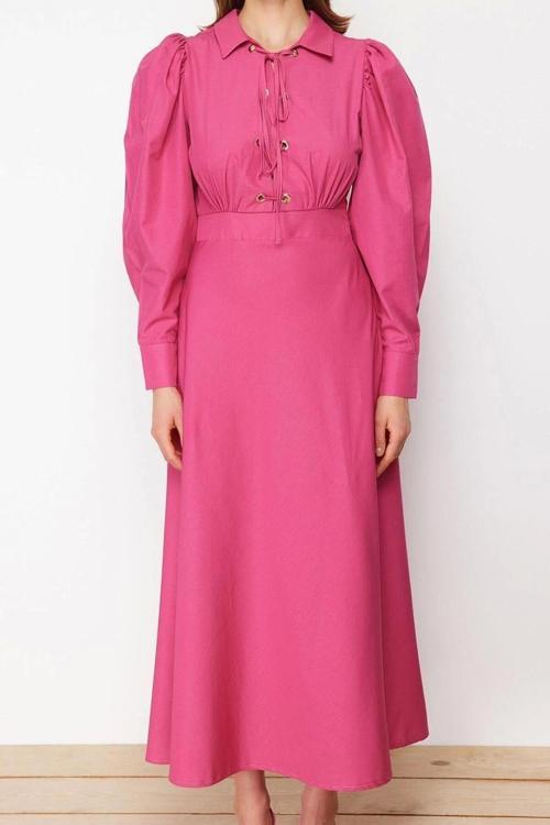 Moda Regular Casual Günlük Poplin Dokuma Gömlek Yaka Uzun Kol A-Line Maxi Boy Tesettür Elbise