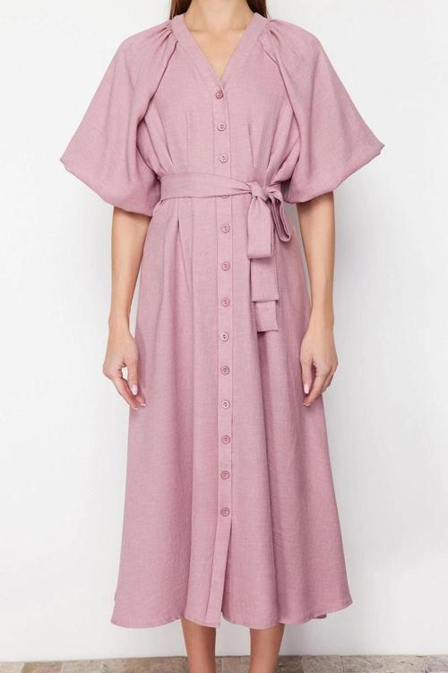 Moda Regular Günlük Keten Görünümlü Dokuma V Yaka Truvakar Kol Kol A-Line Maxi Boy Tesettür Elbise