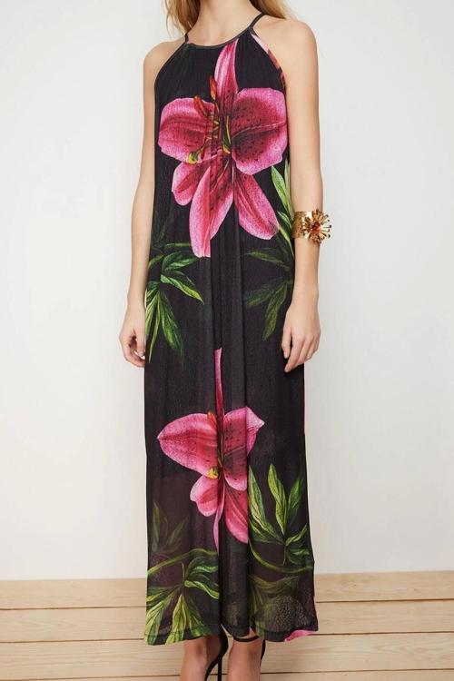 Moda Rahat Casual Günlük Köpük Kumaş Örme Halter Yaka Kolsuz Kol A-Line Maxi Boy Elbise