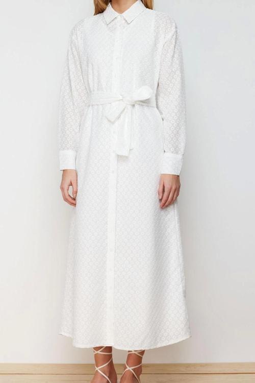 Moda Regular Casual Günlük Brode Dokuma Gömlek Yaka Uzun Kol Gömlek Elbise Maxi Boy Tesettür Elbise