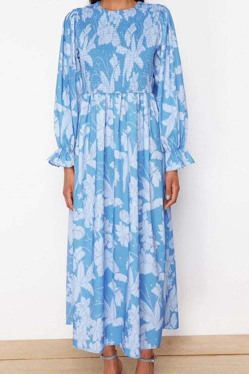 Moda Regular Casual Günlük Poplin Dokuma Bisiklet Yaka Uzun Kol A-Line Maxi Boy Tesettür Elbise