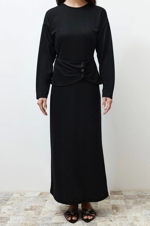 Moda Rahat Casual Günlük 2 İplik Örme Kayık Yaka Uzun Kol Shift Uzun Boy Tesettür Elbise