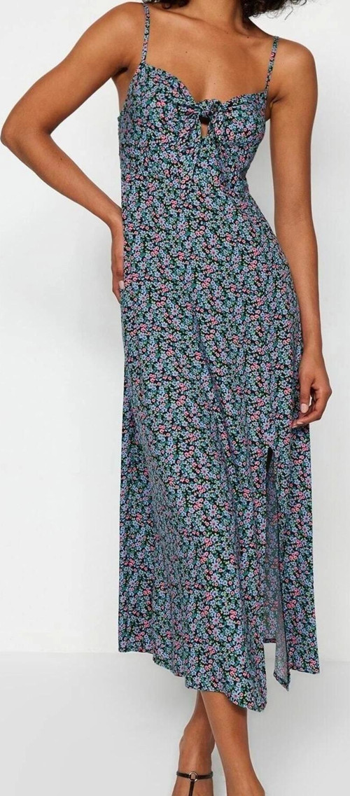 Moda Regular Casual Günlük Shally Dokuma Kalp Yaka Askılı Kol Shift Midi Boy Elbise