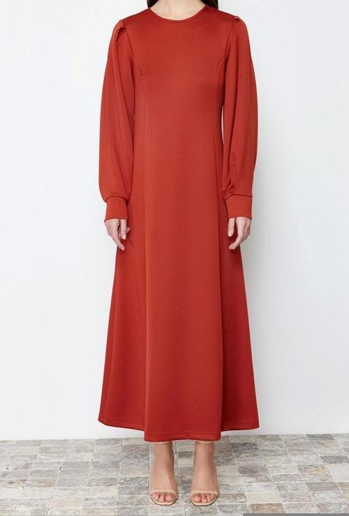 Moda Regular Gündüz Gece Dalgıç Scuba Örme Bisiklet Yaka Uzun Kol Skater Maxi Boy Tesettür Elbise